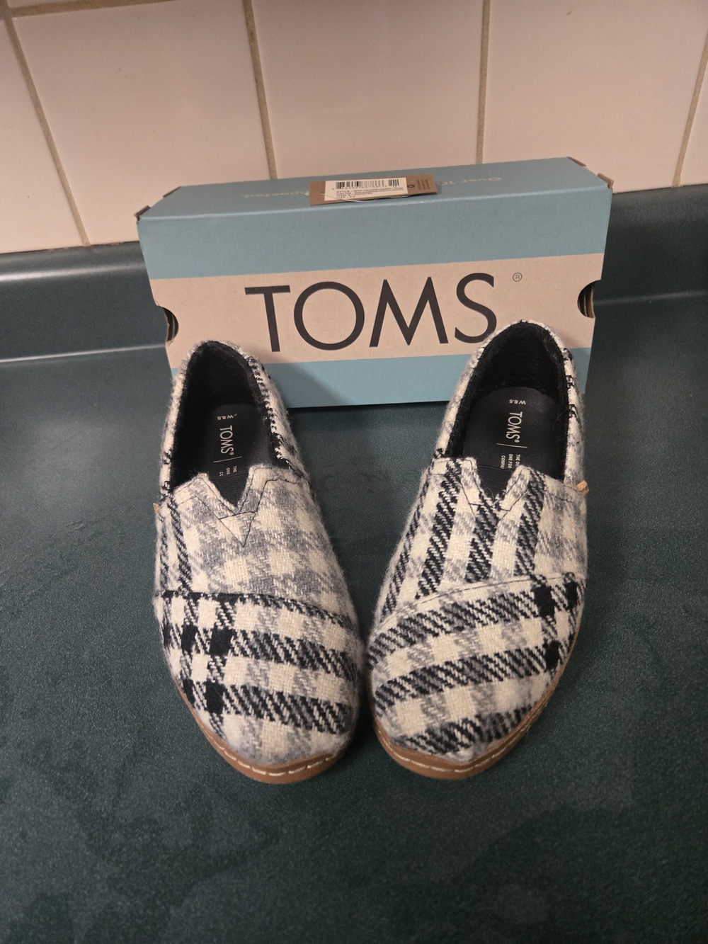 Toms Black and White Plaid Slip-On Moccasins